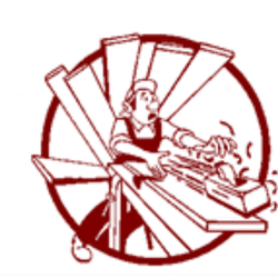 Menuisier effrayé par un accident de scie circulaire en action, des planches de bois s'éparpillent. Danger atelier bois.