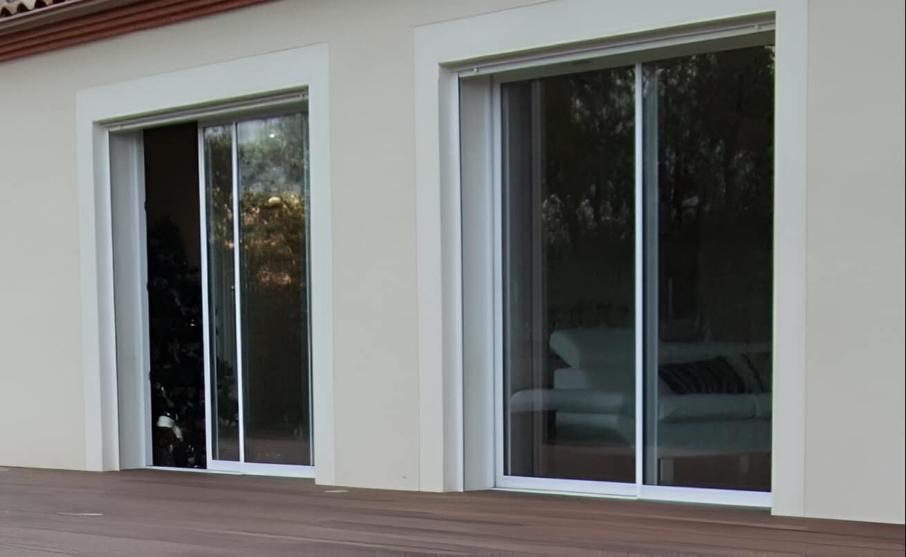Deux grandes baies vitrées coulissantes modernes sur façade claire, une ouverte sur un intérieur sombre, l'autre reflétant un salon. Terrasse en bois.
