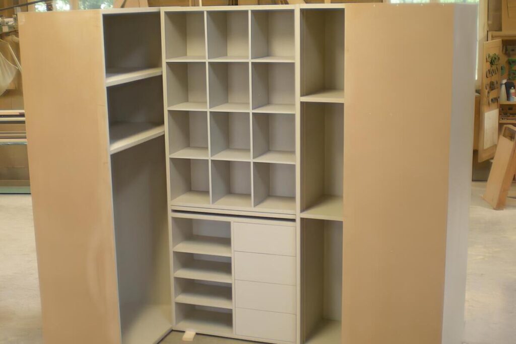 Grand dressing modulable ouvert couleur crème, avec tiroirs et multiples étagères, dont une grille de 16 compartiments, en atelier.