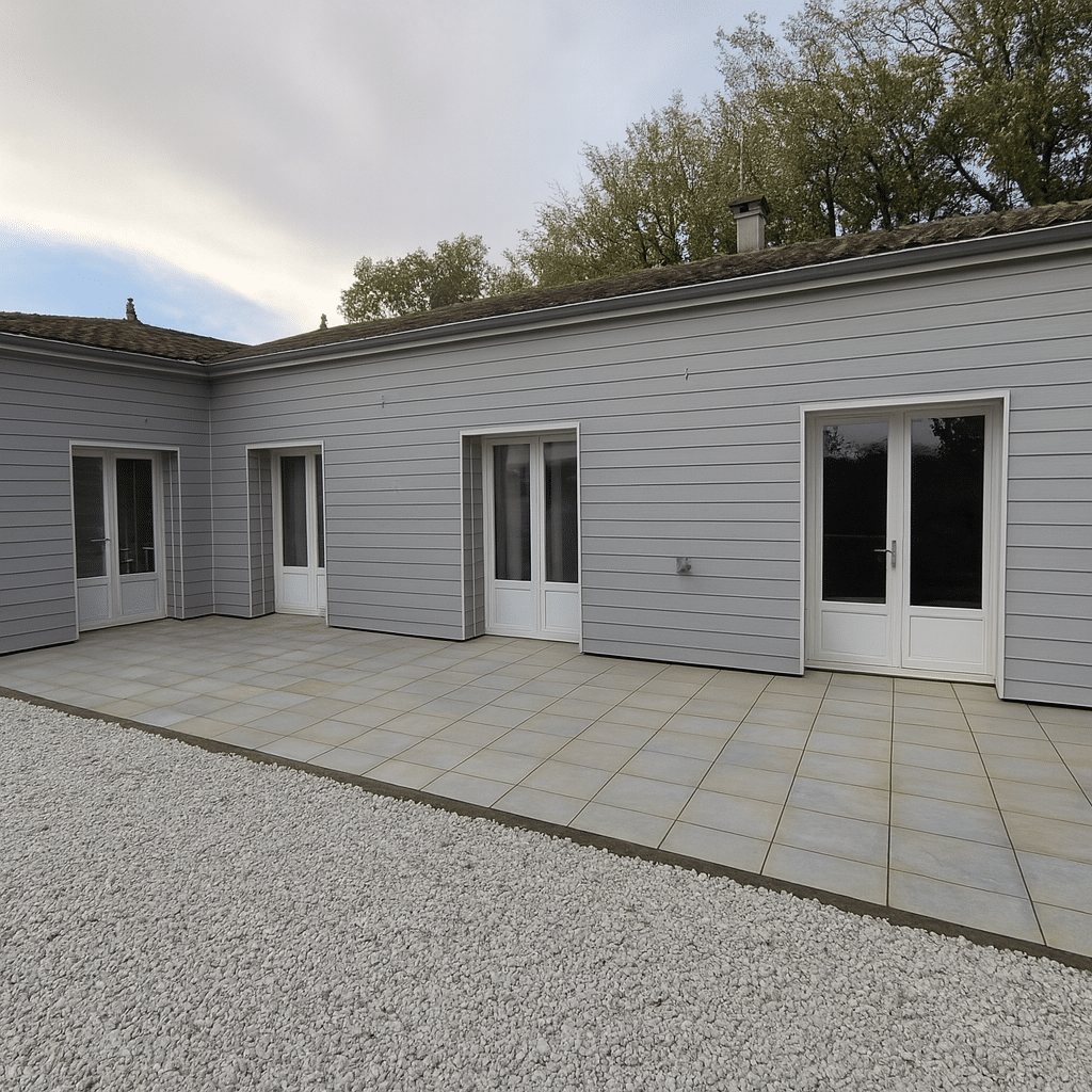 Maison à bardage gris avec terrasse en dalles et portes-fenêtres blanches sous un ciel nuageux.